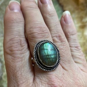 Blue Green Flash Labradorite Gemstone Ring,  .925 Sterling Silver overlay.